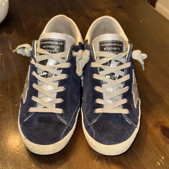 Golden Goose Navy Suede 36 EUC Blue Suede Sneakers with Silver Star White trim - Picture 3 of 9